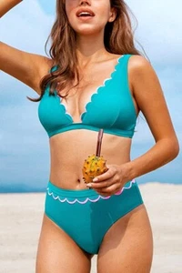 CUPSHE Women's High Waisted Bikini Swimsuit V-Neck Bathing Suit Medium Sz 8-10 - Picture 1 of 3