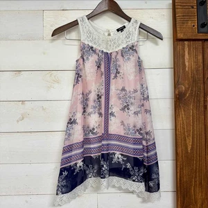 Zunie Kleid Mädchen Größe 7 Rosa Blau Blumen Ärmellos Spitze Chiffon Hi-Low Spitze - Bild 1 von 6