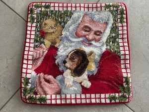 NEW Handmade Wool Needlepoint Throw Pillow Cover Santa Dog Cat Christmas 14" - Picture 1 of 3