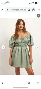 AERE LINEN Dress Green Off Shoulder - SIZE AU UK 8 US 4 Worn Once - Picture 1 of 4