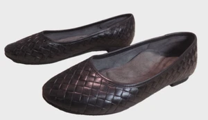 Aetrex Lyla Ballet Flat Shoes 38 7.5 8 Black Leather Woven Comfort Loafers EUC - Picture 1 of 7