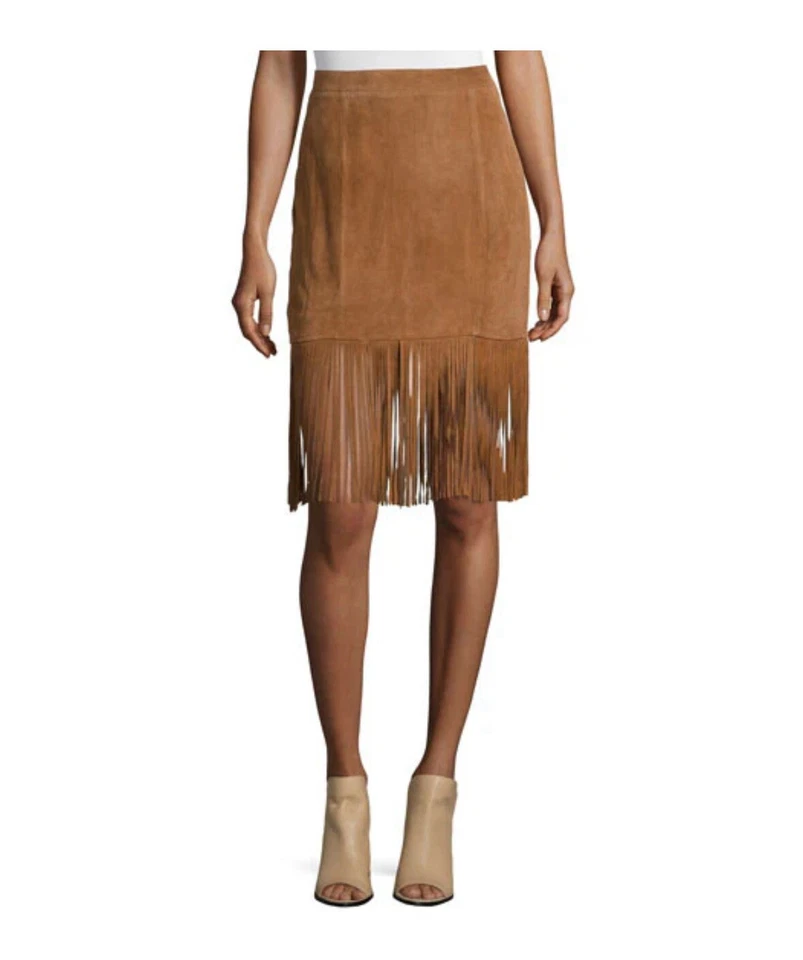 Falda CUSP BY NEIMAN MARCUS Gamuza/Cuero Flecos Marrón Nueva con Etiquetas Talla M Precio de venta sugerido por el fabricante 360 USD Foto 1 de 4