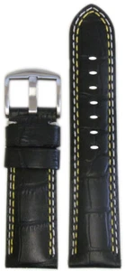 22mm XL Panatime Black Leather Watch Band w/Gator Print, Yellow + White Stitch - Picture 1 of 1