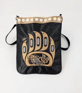 Bear Paw Crossbody Bag Black Satin Embroidered Pacific Northwest Art to Wear - Picture 1 of 15