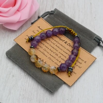AMETHYST & CITRINE Bracelet Adjustable Crystal Healing Gemstone Handmade 8mm. - Image 1 of 4