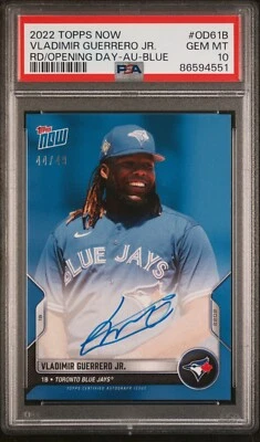 2022 Topps Now Vladimir Guerrero Jr. Autograph Blue 44/49 PSA 10 Gem Mint OD-61B - Image 1 of 2