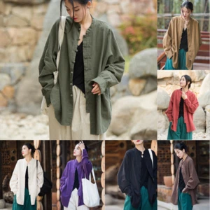 Damen Baumwolle Leinen Bluse Shirt Mantel Top Ethno Frosch Knopf Locker Oversize - Bild 1 von 31