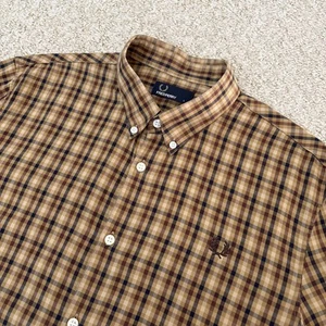Fred Perry Long Sleeve Check Shirt Mens Large L Brown Navy Mod 60s Classics - Picture 1 of 14