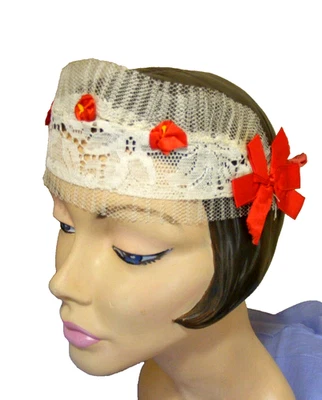 20S CINTA PARA LA CABEZA DE ENCAJE ROJO SEDA CINTA LAZO ESPALDA ELÁSTICA SOBRE ENCERADO SIN USAR Foto 1 de 4