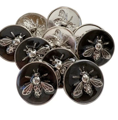 10PC Silver Black Enamel Bee Shank Metal Buttons 25mm - Image 1 of 4
