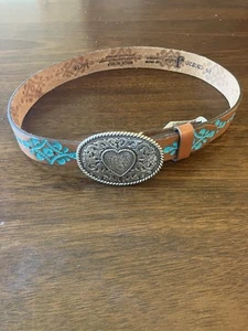 Justin Girls Hope Brown Turquoise Tooled Leather Silver Heart Buckle Belt Sz 24 - Picture 1 of 7