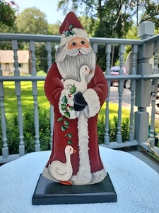 14" Vintage Hand Crafted, Artist Signed Wood Santa Village W/ Ducklings - Picture 1 of 9