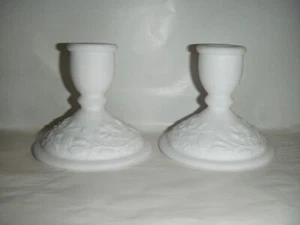 PAIR CANDLE STICKS VINTAGE IMPERIAL ROSE WHITE MILK GLASS DECORATIVE BISQUE GIFT - Picture 1 of 12