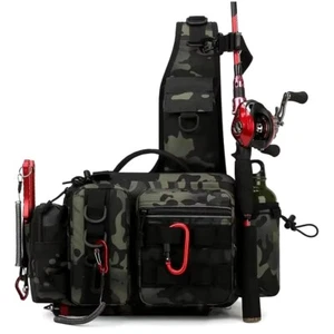 Sac à Dos de Pêche à la Mouche Noir avec Porte-Canne Intégré Rangement Pratique - Photo 1/16