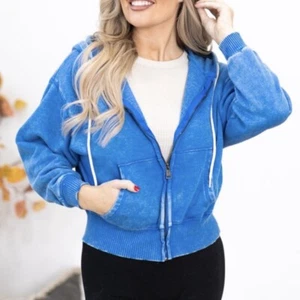 Zenana hellblau gewaschenes Vlies mit durchgehendem Reißverschluss Hoodie Jacke klein Neu ohne Etikett - Bild 1 von 14