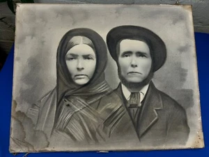 C.1880 Charcoal Portrait HUSBAND & WIFE 20"x16" Paper on Canvas w/ Stretcher - Picture 1 of 6