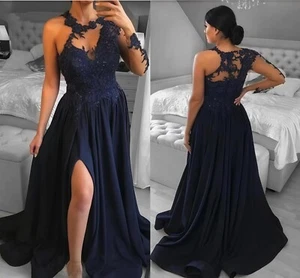 Navy Blue Dress Appliqué Sheer Long Sleeve Lace Chiffon Side Slit Prom Gowns - Picture 1 of 6