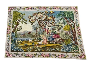 Vintage French Aubusson Needlepoint Pictorial Wall Hanging Wool Tapestry 3x4 ft - Picture 1 of 11