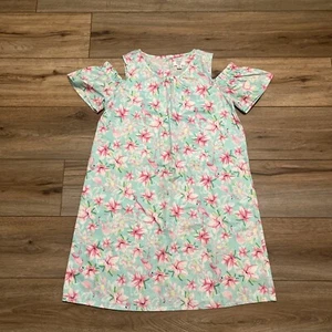 Crown & Ivy Kids Flamingo Floral Dress SZ 16 Green Pink Open Shoulders Girls - Picture 1 of 11