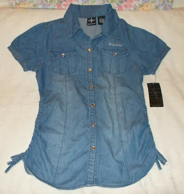 Camisa azul manga curta BABY PHAT meninas grande denim botão superior L 10 12 NOVA - Imagem 1 de 4