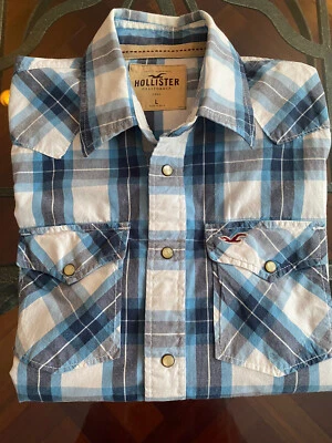 Camisa Hollister Niños L Azul Blanco Cuadros Western Manga Larga Perla A Presión Abotonada Foto 1 de 4