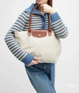 New Longchamp Le Pliage Paper White Large Bag Brown Leather Trim France - Picture 1 of 3