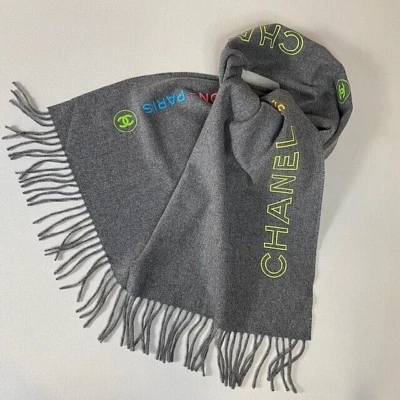 NEW AUTHENTIC CHANEL GRAY NEON MULTICOLOR LOGO PRINT CASHMERE SCARF - Image 1 of 4