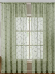 Pair SAGE GREEN EMBROIDERED LEAF SHEER CURTAIN PANELS Rod Pocket 84" #N17 - Picture 1 of 3