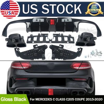 For 15-2018 Benz C205 Coupe C43 C63 Rear Diffuser W/LED+Exhaust Tips Gloss Black - Image 1 of 4