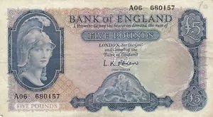Bank of England UK Great Britain Britannia 5 pounds (1957) O'Brien P-371 VF - Picture 1 of 2