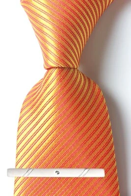 Nova gravata masculina clássica listrada laranja 100% tecido jacquard seda - Imagem 1 de 4