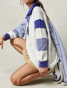 Free People We The Free Clean Prep Polo Pullover Top Oversized Striped XS - Picture 1 of 4