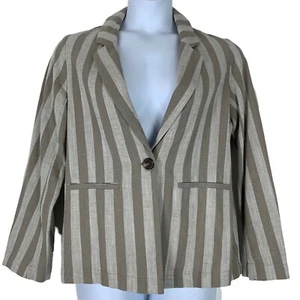 Giacca camicia moda sulla terra taglia media misto lino blazer a righe look beige - Foto 1 di 5