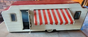 VINTAGE BANDAI HOUSE VAN TIN TRAILER Made in Japan White & Red - Picture 1 of 14