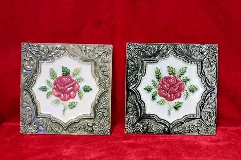 2 Pc Ceramic Flower Tiles Old Vintage Floor Wall Home Decor Collectible BG-49 Cover