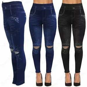 WOMEN LADIES FISHNET INSERT RIP KNEE DENIM PRINT HIGH WAIST LEGGINGS JEGGINGS - Picture 1 of 9