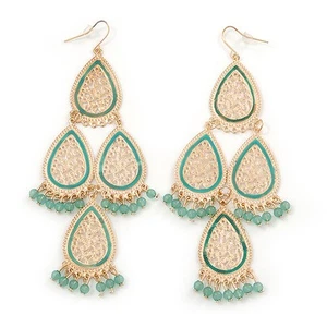 Long Lightweight Filigree, Pale Green Bead Chandelier Earrings In Gold Tone - - Picture 1 of 4