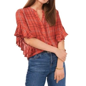 NWT Vince Camuto Jacquard Ruffle Sleeve Henley Top, Women's XS - Picture 1 of 4