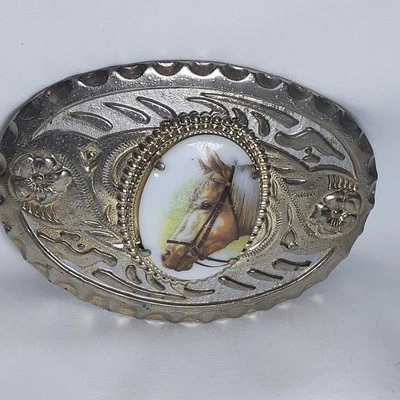 Horse Head Cameo Belt Buckle Silver Plated Nickel Vintage 4" - Image 1 of 4