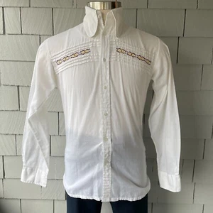 70s Vintage Elephant Ear Collar Long Sleeve Mens Shirt with Pleats & Embroidery - Picture 1 of 7