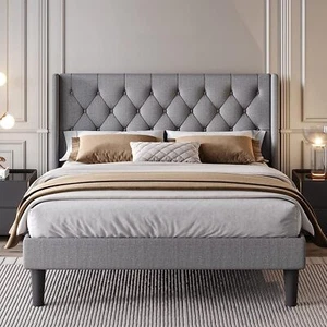 Queen Size Platform Bed Frame with Upholstered Headboard and Wingback,Light Grey - Picture 1 of 10