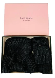 NUEVO CON ETIQUETAS Kate Spade New York Conjunto de gorro y guante tejido con lazo anudado negro - Imagen 1 de 6