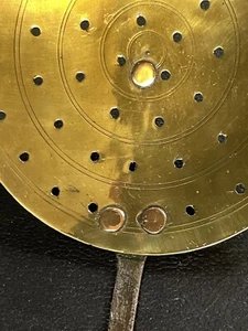 Antique 1800s Brass Butter Skimmer Strainer Fleeter Worked 9” Surface Vintage - Picture 1 of 13