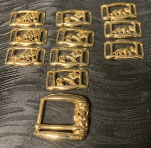 Vtg Brass African Safari Belt Buckle Slides Elephant Lion Panther Leopard Cat - Picture 1 of 12