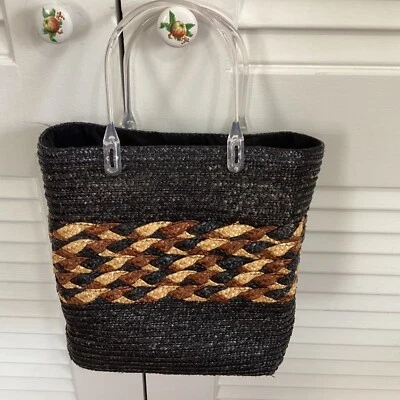 Mini bolso boho tejido paja marrón negro asas transparentes Foto 1 de 4