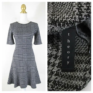 Theory Womens Black Gray Plaid Nikay Fit Flare Dress 10 NWT $325 Formal Career - Picture 1 of 11