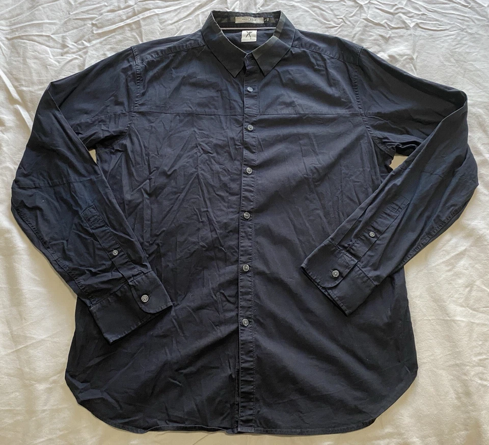 Camisa de vestir Marc Ecko corte y costura para hombre manga larga con botones talla grande negra Foto 1 de 4