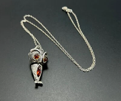 925 Sterling Silver Necklace 18" Owl Amber Glass Pendant Charm Artisan Jewelry - Image 1 of 4
