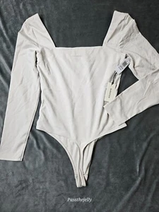 Aritzia Babaton Bodysuit Women Large White Contour Square Neck Long Sleeve Thong - Picture 1 of 15