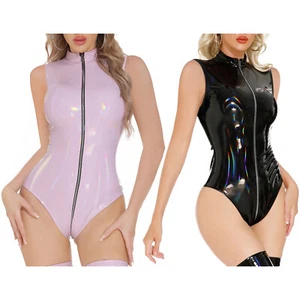 Womens Shiny PU Leather Leotard Sexy Sleeveless Front Zipper Bodycon Jumpsuits - Picture 1 of 66